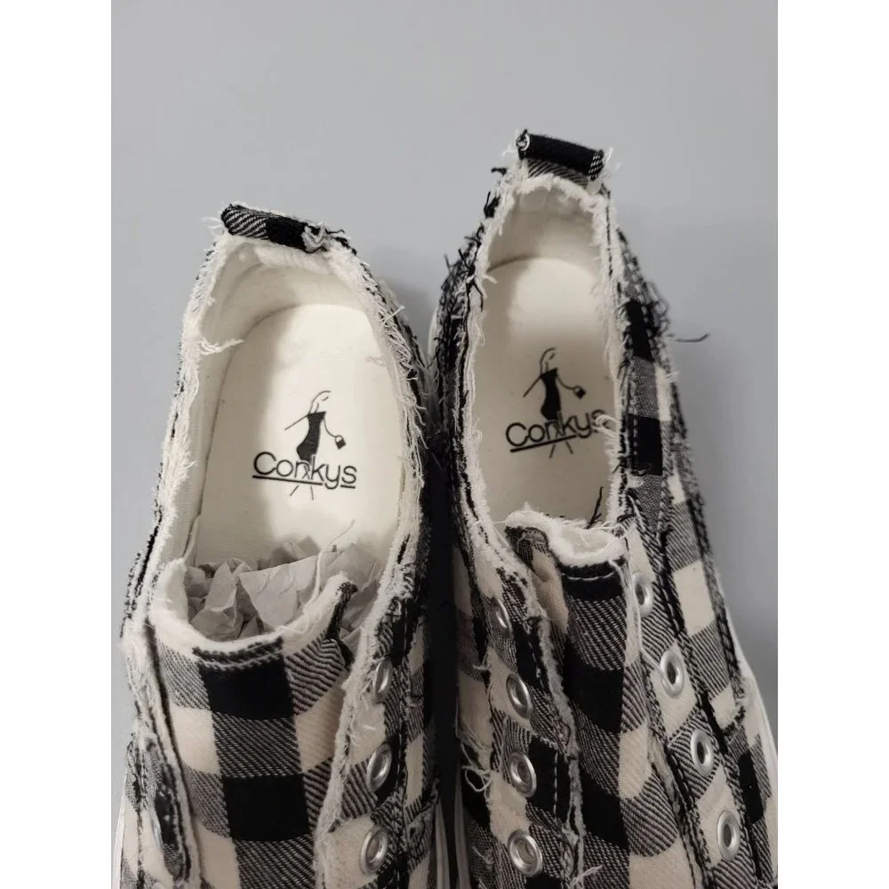 Corkys Boutique Black White Babalu Distressed Buffalo Plaid Slip on Sneakers, 6 - Picture 6 of 7